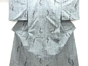 アンティーク　格子に抽象模様織り出し手織り紬単衣着物